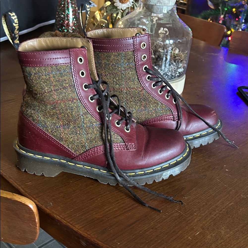 Dr. Martens Burgundy and Tweed Combat Boots